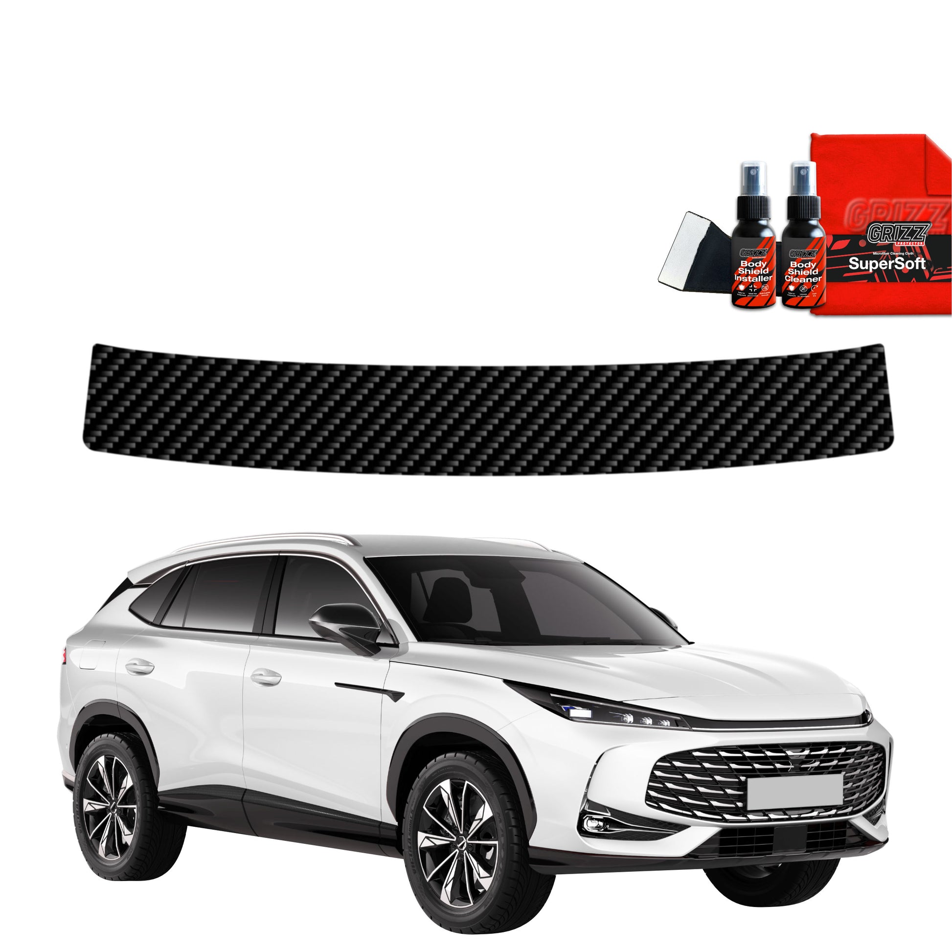 White MG HS SUV with GrizzProtector Kohlenstoff Schutzfolie, car care items & red cloth shown above the vehicle.