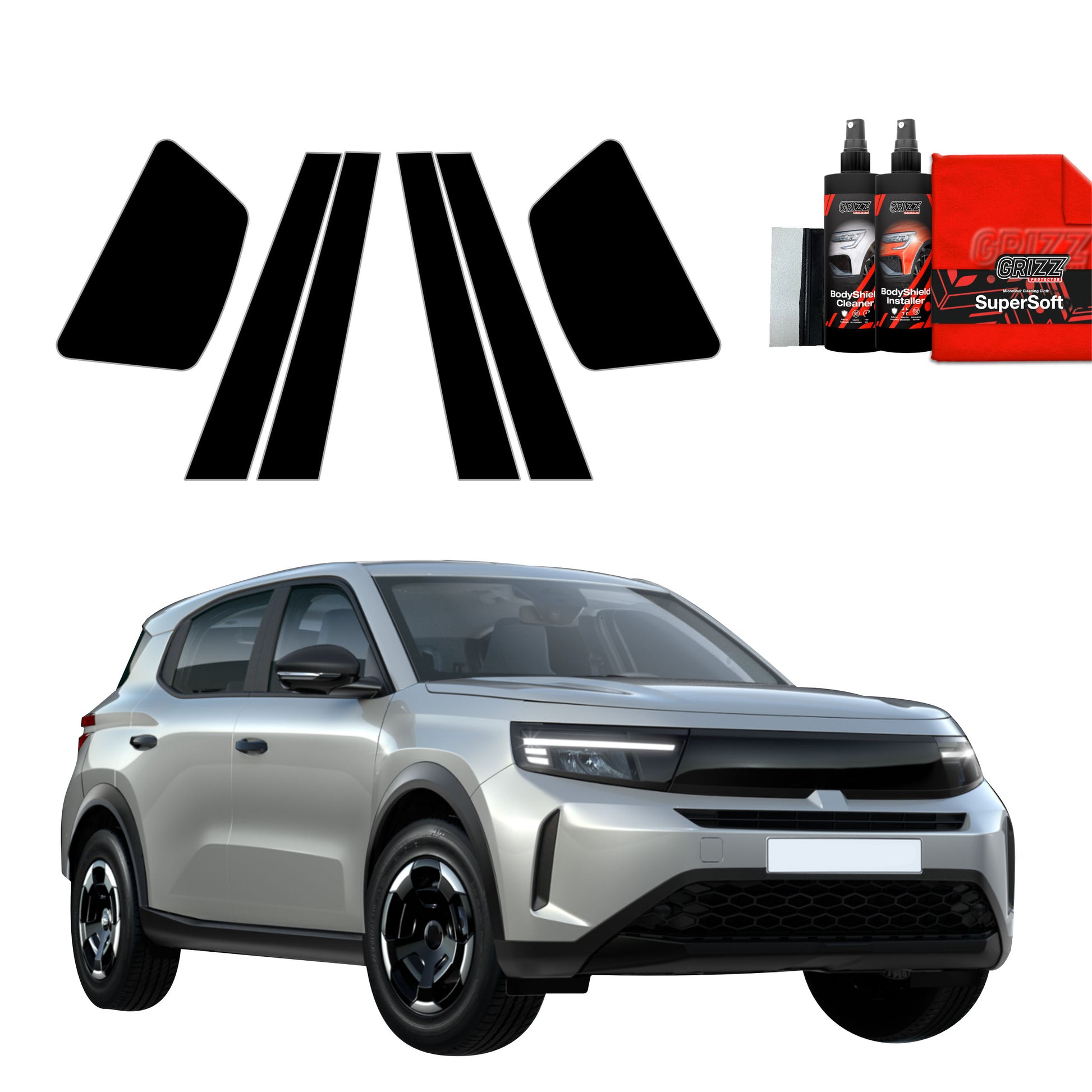 A silver SUV with GrizzProtector 6in1 black B-C-pillar film for Opel Frontera, spray bottles, and a red cloth is shown.