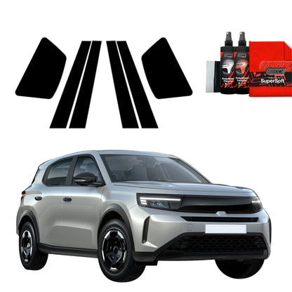 A silver SUV with GrizzProtector 6in1 black B-C-pillar film for Opel Frontera, spray bottles, and a red cloth is shown.