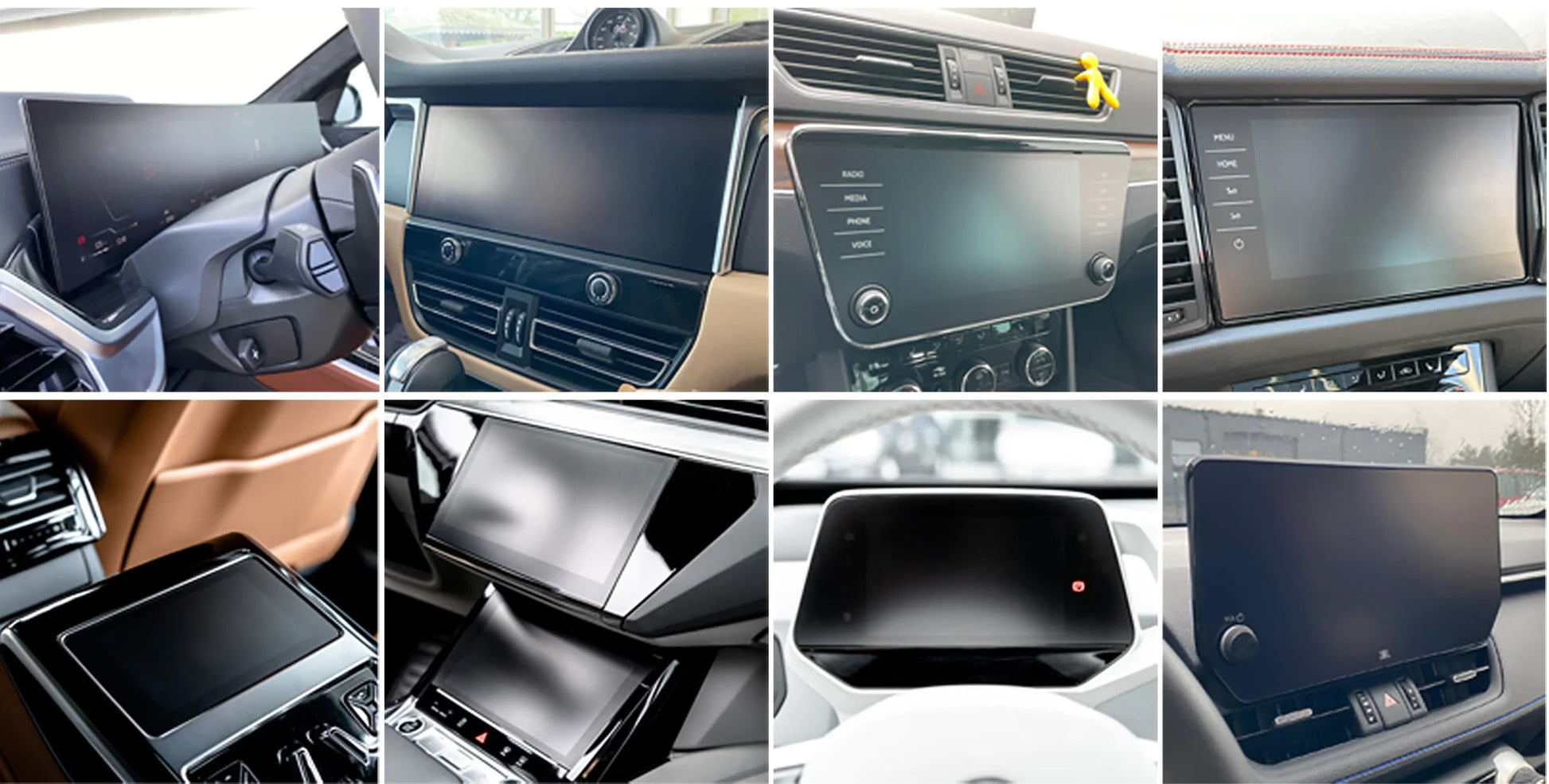 Eight close-ups of BYD Atto 3 dashboards with GrizzProtector Matt Anti-Fingerprint 15.6" Displayschutzfolie.