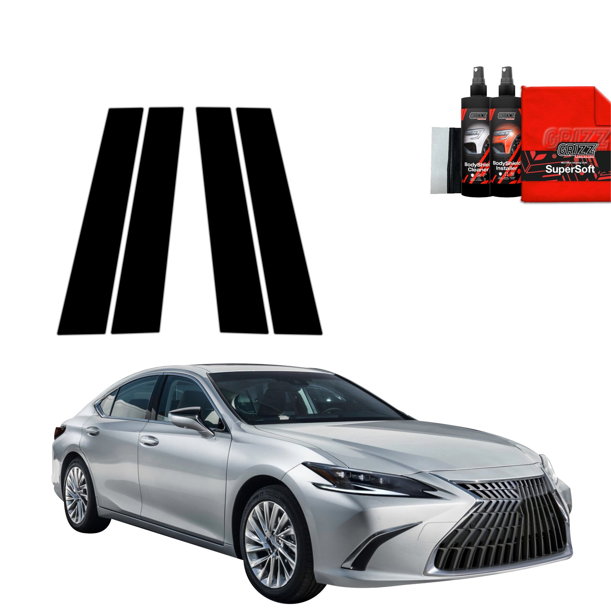 Silver Lexus ES 300h with GrizzProtector 4in1 B-C-Säule Black film, red cloth, detailing items on white background.