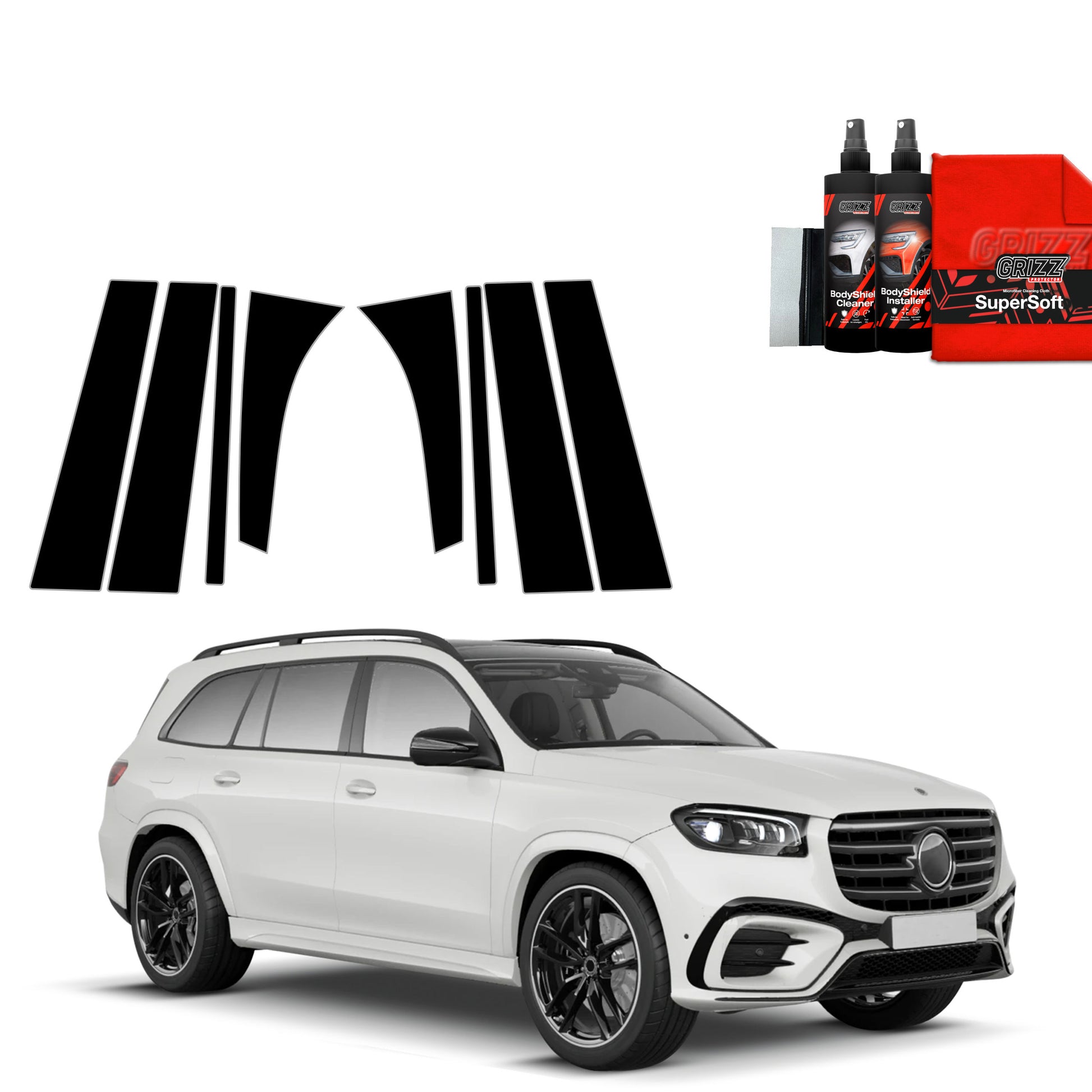 White Mercedes GLS 450d with GrizzProtector 8in1 black B-C-Säule film, two bottles, and a red cloth nearby.