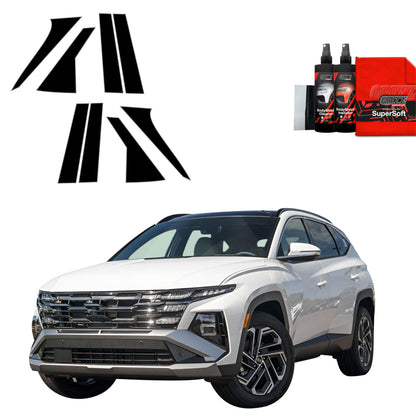 White Hyundai Tucson Facelift with GrizzProtector 8in1 black A-B-C pillar film (2024-2025) and spray bottles.
