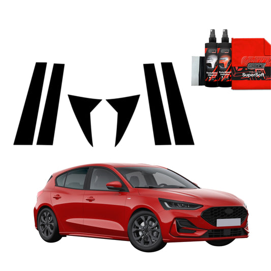 Red Ford Focus ST-Line X Facelift with GrizzProtector 6in1 B-pillar black film, two sprays, and red microfiber cloth.