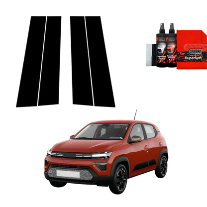 Red Dacia Spring 2024 with GrizzProtector 4in1 Schwarze Schutzfolie für B-Säule and black racing stripes.