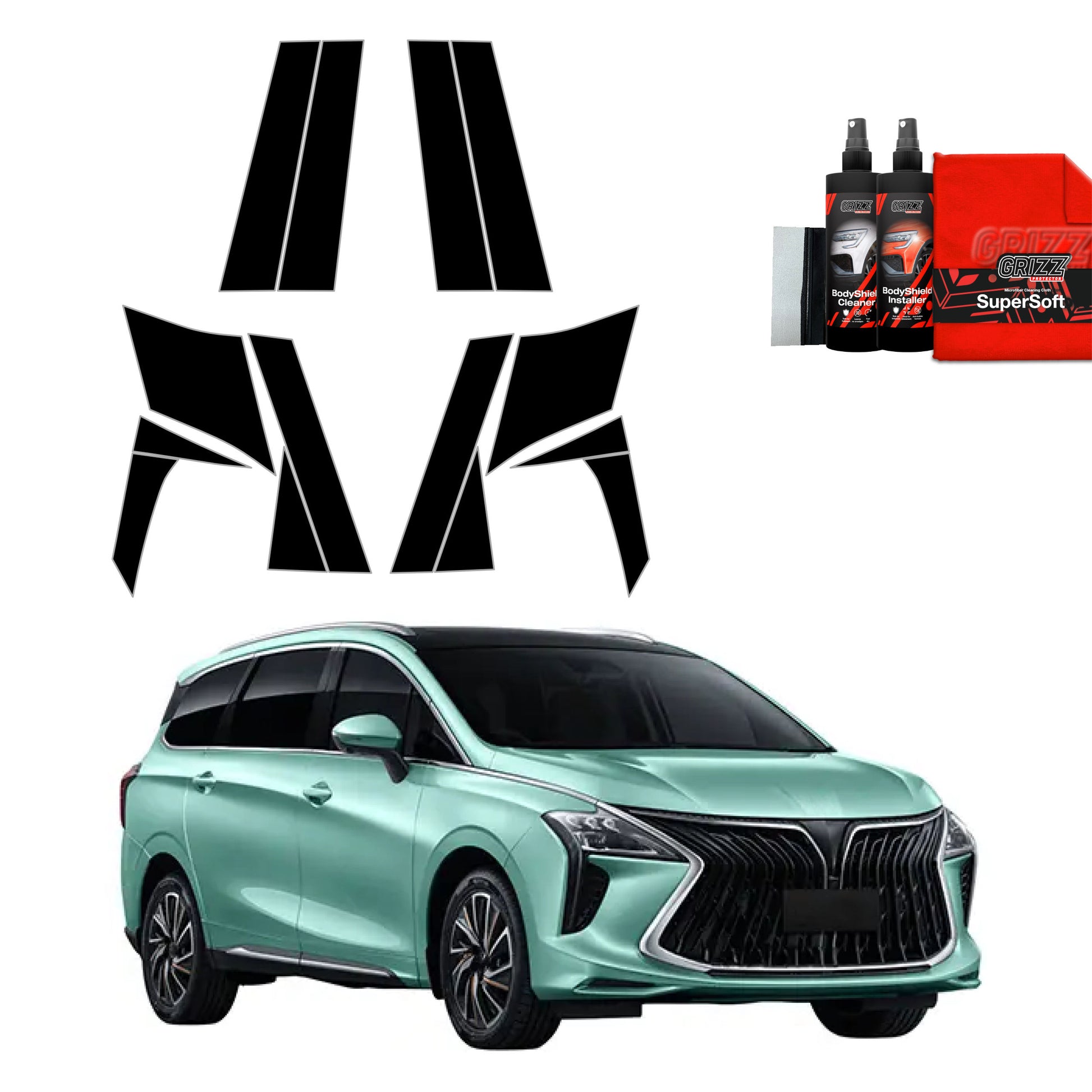 A light green 2024 Forthing U-tour with GrizzProtector 14in1 black film and BodyShield Black bottles, red cloth in corner.