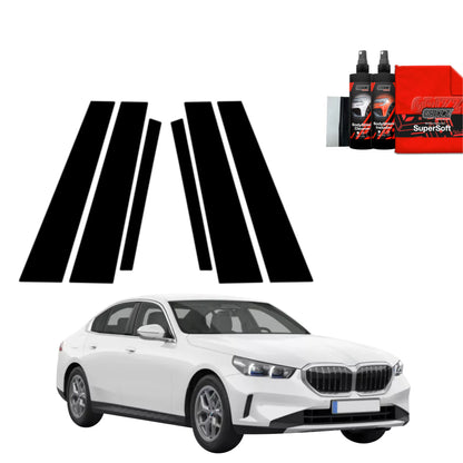 GrizzProtector 6in1 Schwarze Schutzfolie B-C-Säule für BMW G60 520i, inkl. 2 Pflegeflaschen & rotem Tuch.
