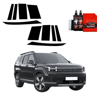 GrizzProtector 10in1 schwarze Schutzfolie für A-B-C-Säule am Hyundai Santa Fe 2023-2025 mit Pflegeset & rotem Mikrofasertuch.
