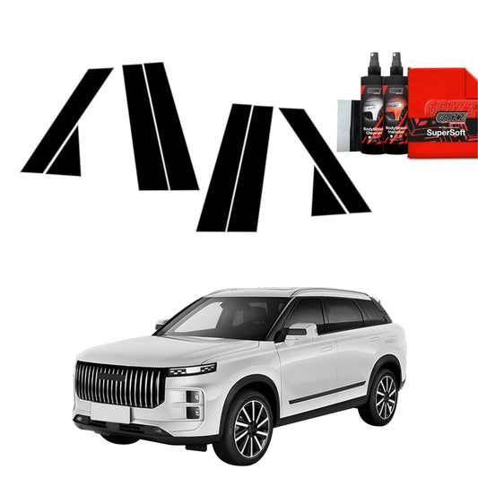 GrizzProtector 8in1 Schwarze Schutzfolie für B-C-Säule am Jaecoo J7 (2024-2025) vor weißem Hintergrund.