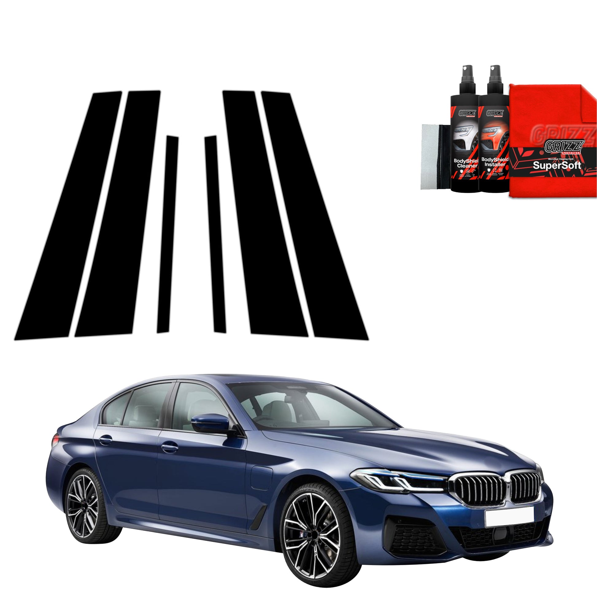 GrizzProtector 6in1 Schwarze Schutzfolie für B-C-Säule on a blue BMW 5 G30 Sedan (2023-2025), white background.