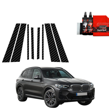 A dark BMW X3 (2021-2024) with GrizzProtector 8in1 Black B-C Pillar Film, sprays, sponge, and red microfiber cloth.