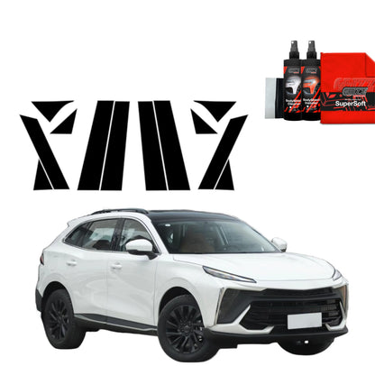 A white Forthing T5 Evo (2024-2025) with GrizzProtector 12in1 black A-B-C-Säule decals by BodyShield.