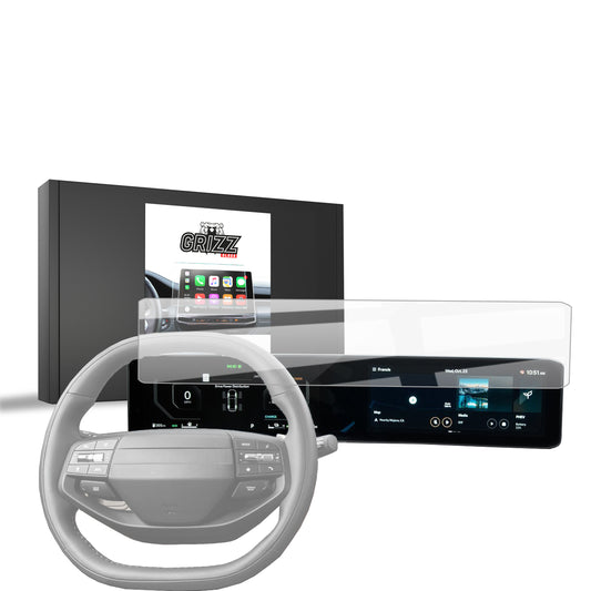 Car steering wheel, digital dashboard, GrizzProtector box and app icons for Displayschutzfolie Kia Sportage 5 (2025).