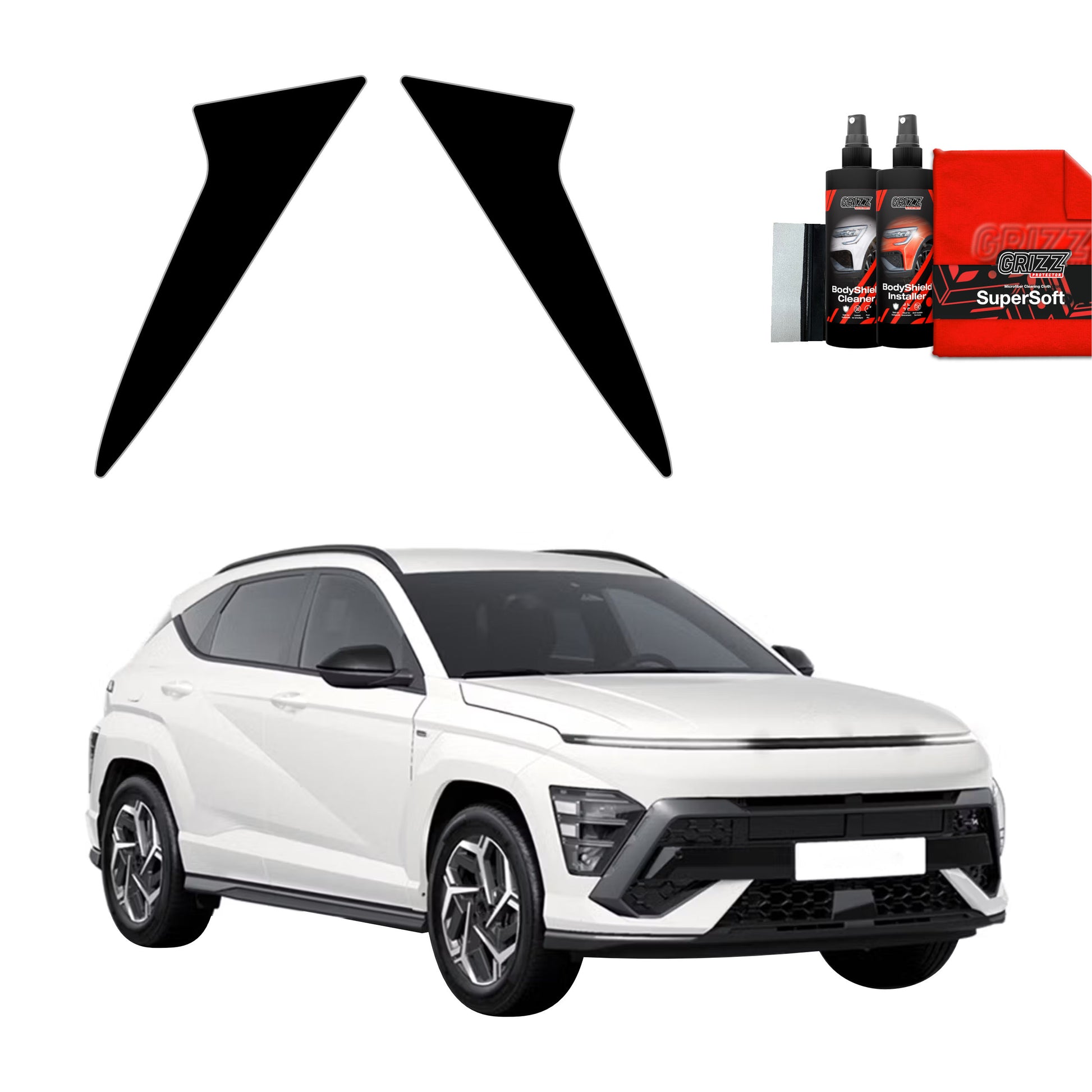 A white modern SUV with GrizzProtector C-pillar black trim, two black decals above, and car care items at the top right.