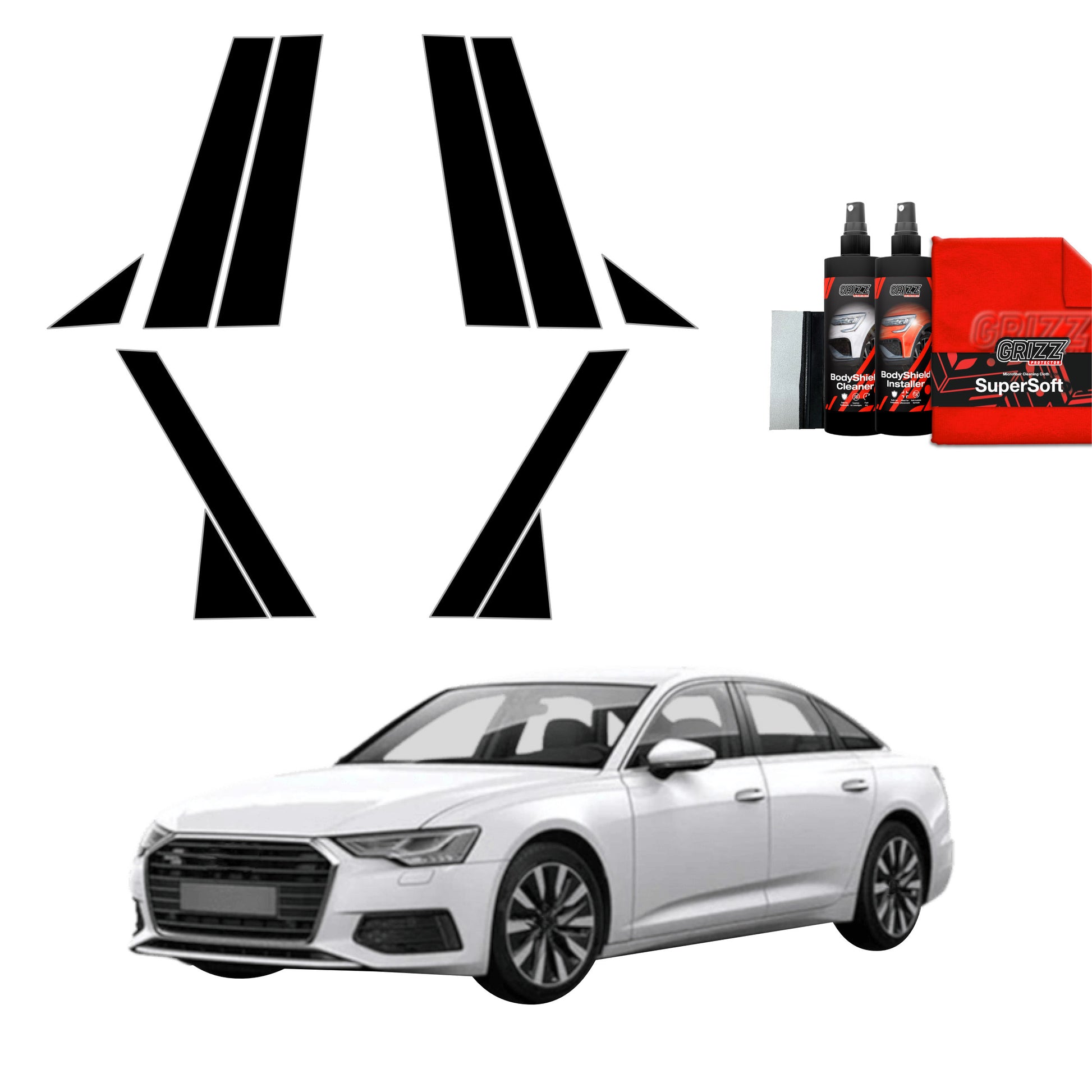Black geometric shapes, GrizzProtector 10in1 Schutzfolie for Audi A6 C8 Sedan, and a white sedan on a white background.