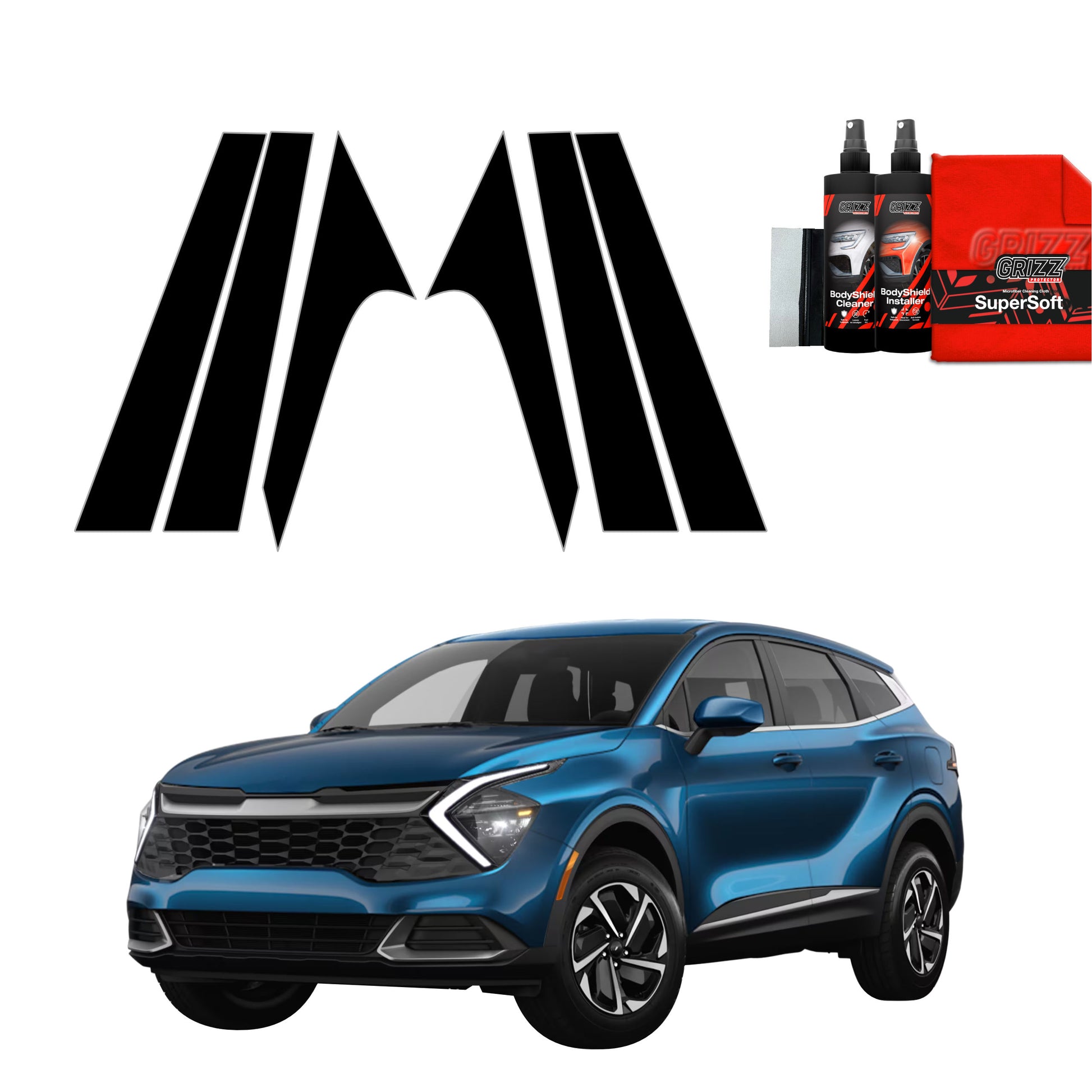 A blue SUV with a bold black GrizzProtector logo above it, 6in1 Schwarze Schutzfolie for Kia Sportage 2021-2025 top right.