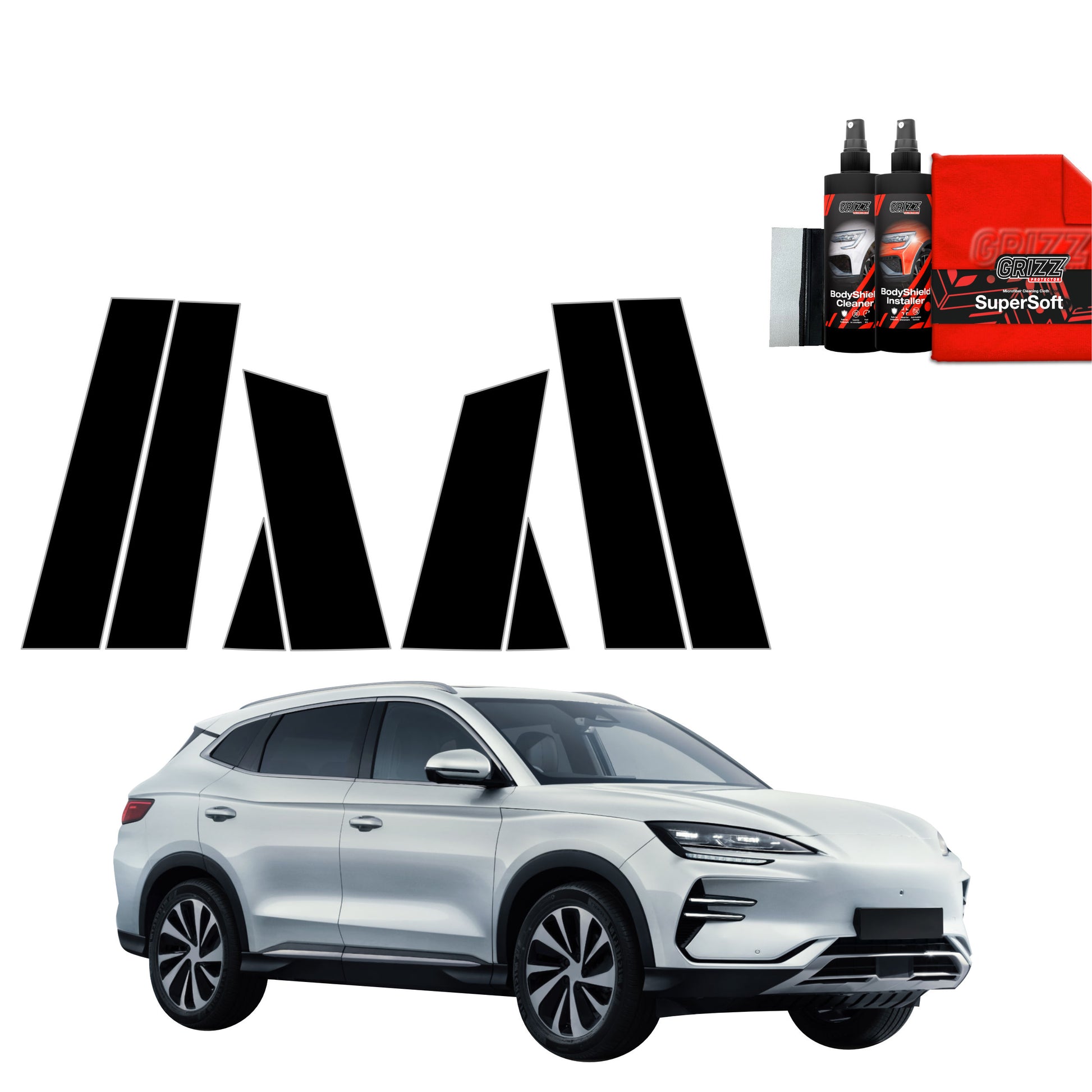 A white SUV with a stylized M logo shows GrizzProtector 8in1 Black PPF for B-C-pillar (BYD Seal U 2024-2025).