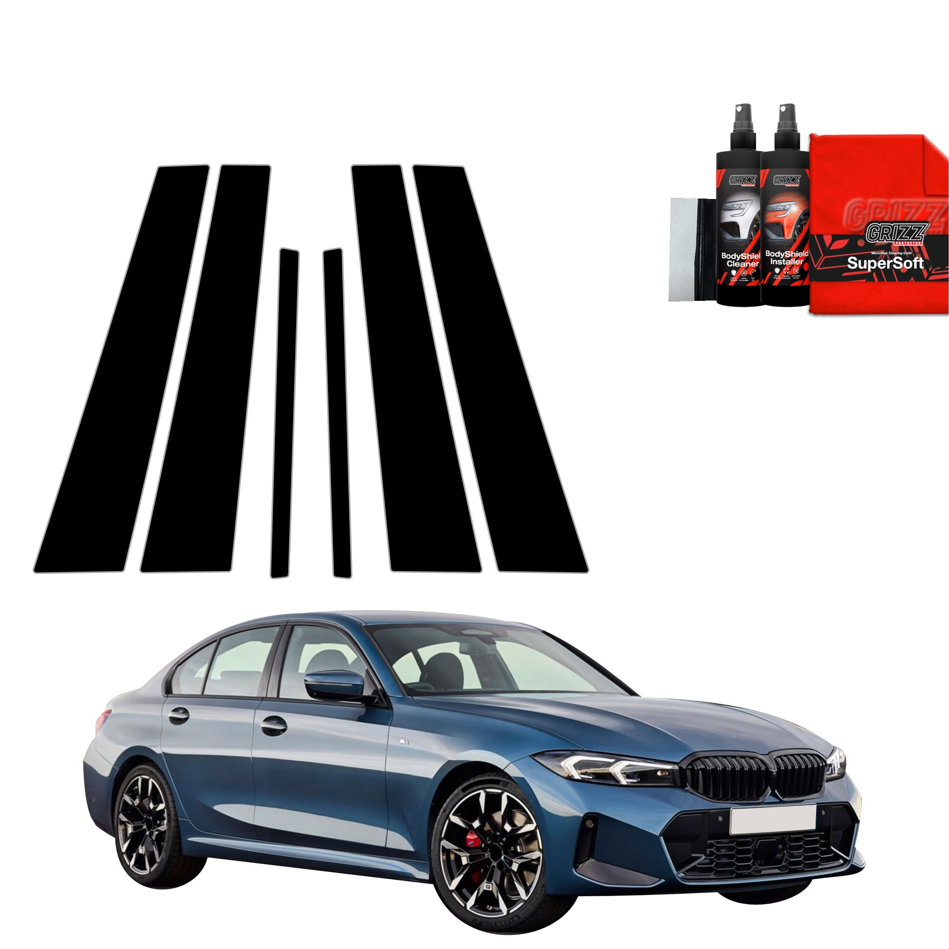 A blue BMW 3 Sedan (2025) with GrizzProtector 6in1 schwarze Schutzfolie, cleaning products, and towels.