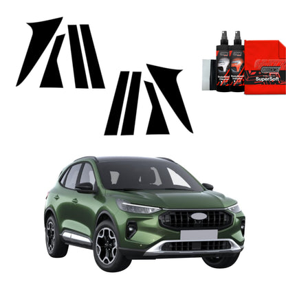 Green Ford Kuga Titanium Facelift (2024-2025) with GrizzProtector 8in1 black B-C-pillar film on white background.