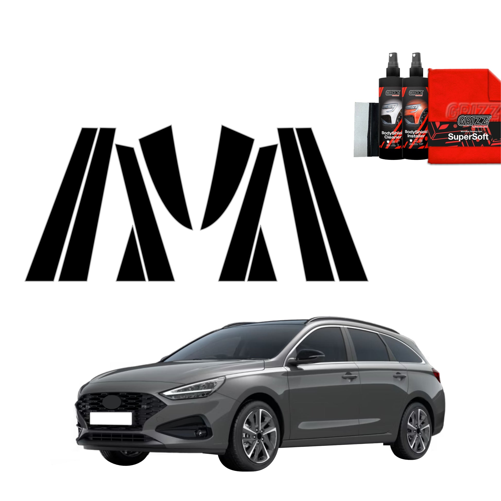 A gray Hyundai i30 Wagon (2020-2025) with GrizzProtector B-C-Säule black film and a car care kit.