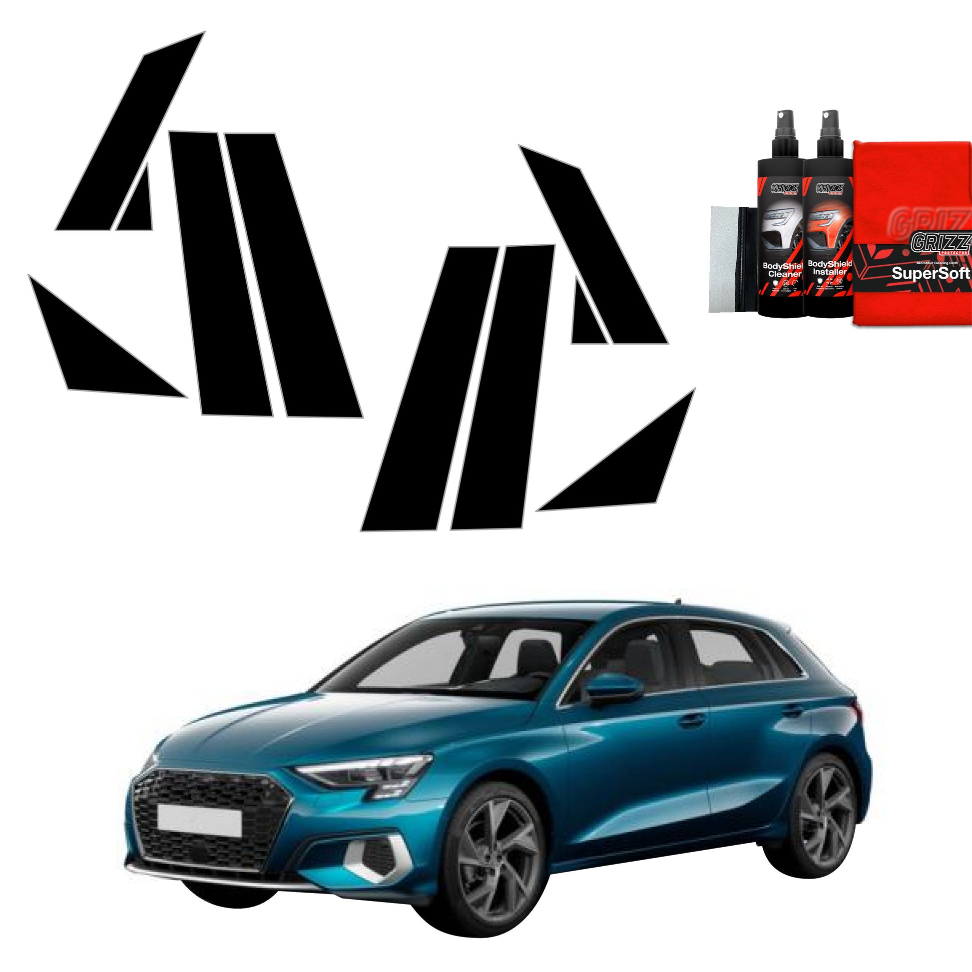 A blue Audi A3 8Y Sportback with GrizzProtector 8in1 Black Schutzfolie for A/B/C-pillars and car care products nearby.