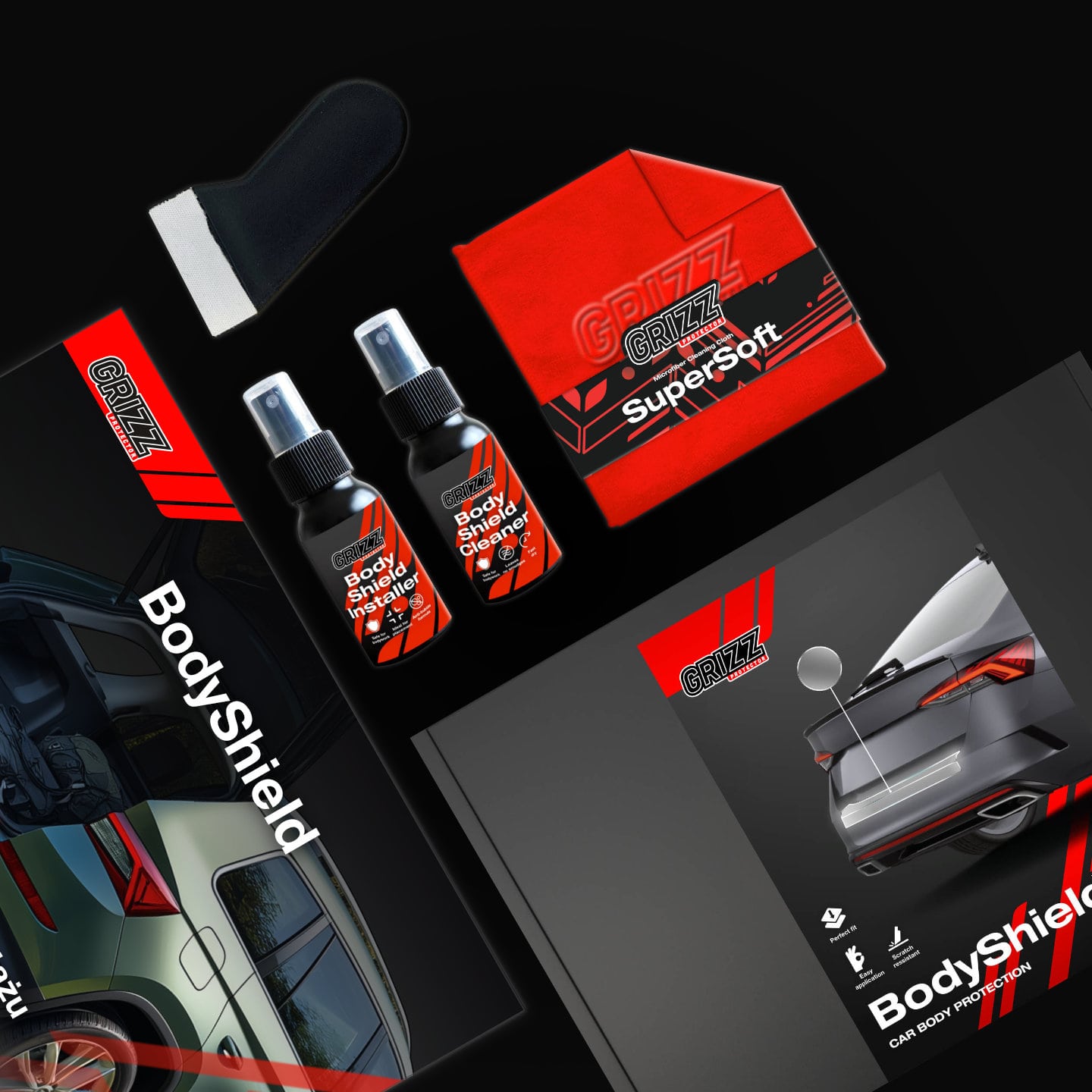 GrizzProtector Kohlenstoff Schutzfolie für Ladekante MG HS (2024-2025) with red cloth, sponge, and packaging shown.