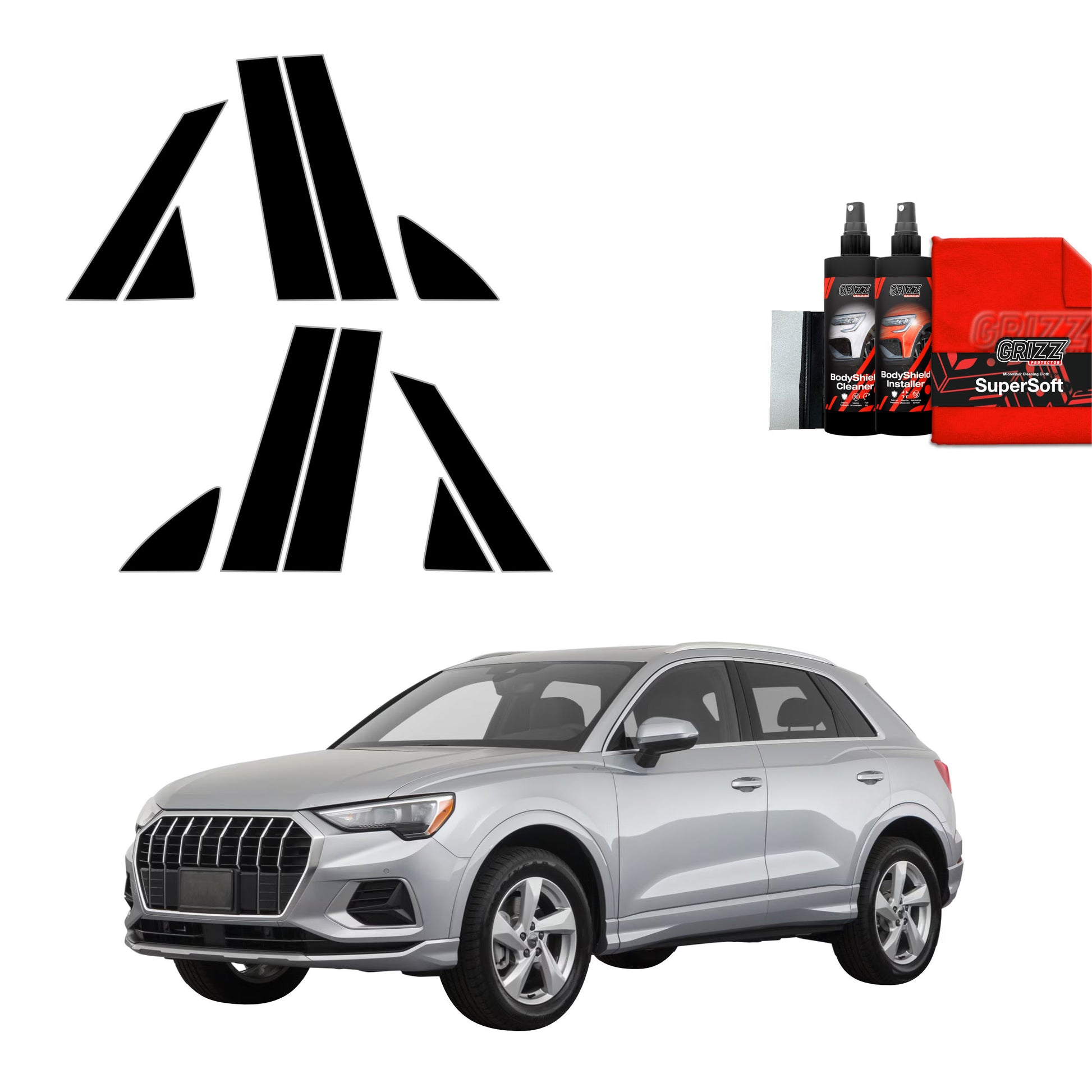 GrizzProtector 10in1 Schwarze Schutzfolie für A-B-C-Säule am Audi Q3 Sportback (2018-2025) auf weißem Hintergrund.