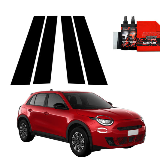 A red Fiat 600 (2023-2025) with GrizzProtector 4in1 black B-C-pillar film displayed above.