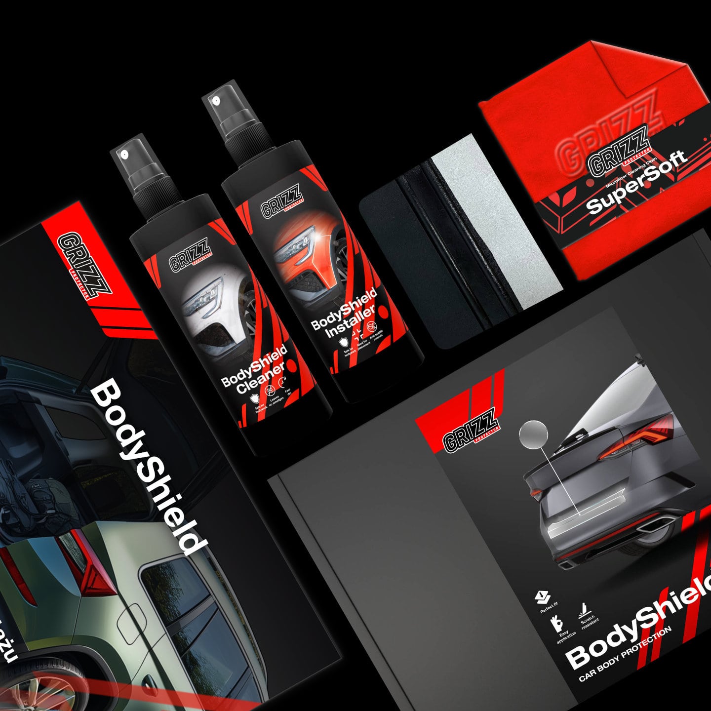 GrizzProtector 4in1 B-Pillar Black Film for Dacia Sandero 2020-2024, includes spray bottles and microfiber cloths.