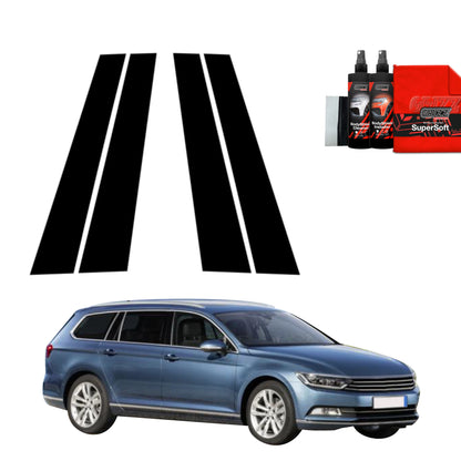 Volkswagen Passat B8 Kombi with 4in1 GrizzProtector black pillar film, cleaning products neatly arranged above.