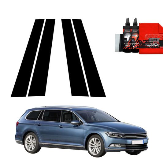 Volkswagen Passat B8 Kombi with 4in1 GrizzProtector black pillar film, cleaning products neatly arranged above.