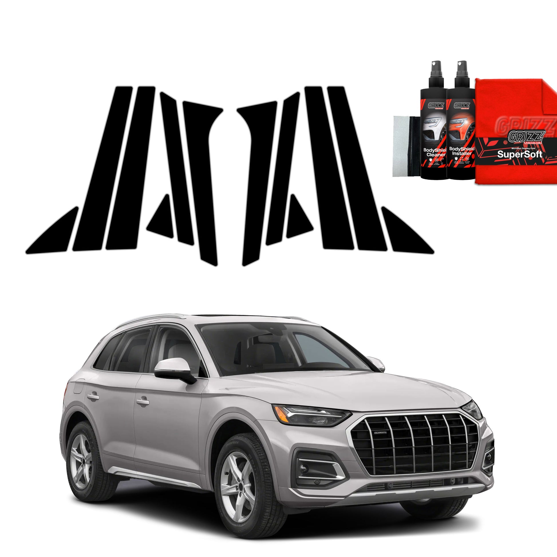 GrizzProtector 12in1 Black Schutzfolie for A-B-C pillars fits Audi Q5 (2020-2025), displayed on a silver SUV.