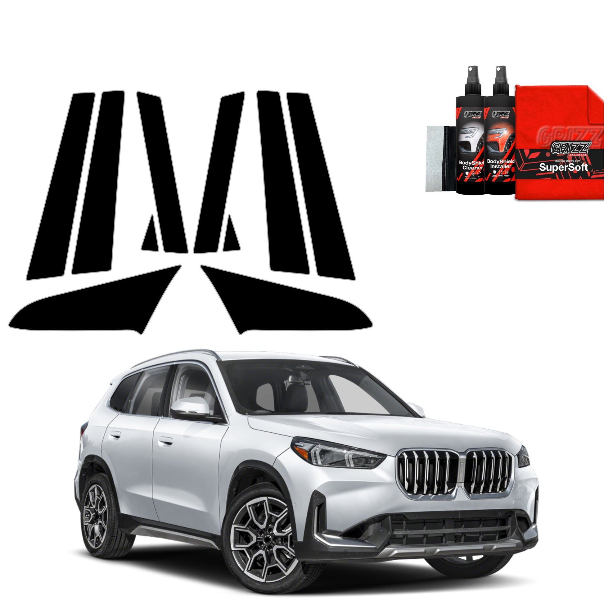 A silver BMW X1 (2023-2025) with GrizzProtector 10in1 Black Pillar Film and a red cleaning kit in the top right.