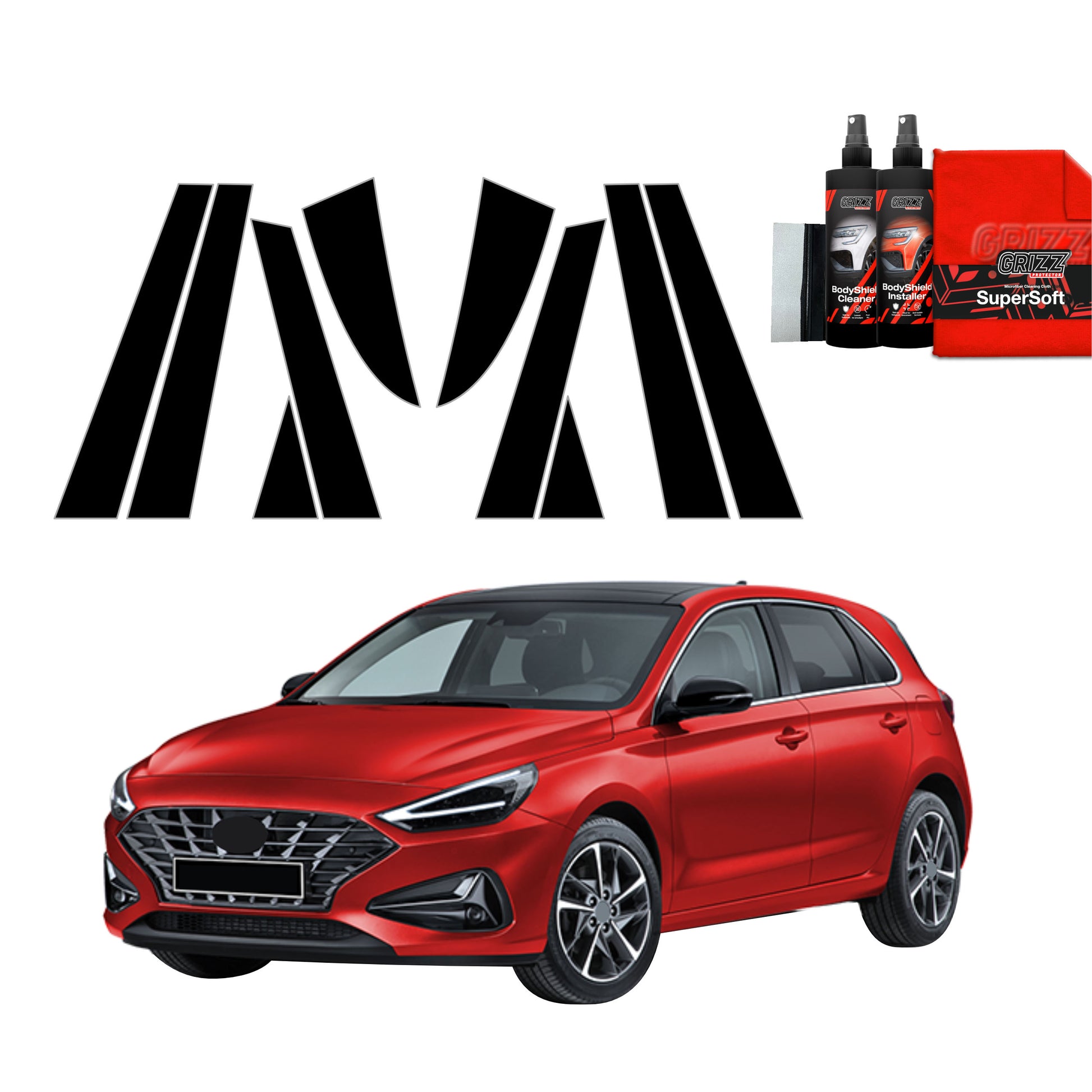 A Hyundai i30 (2020-2025) with GrizzProtector 10in1 Black B-C pillar film; car cleaning items in top right.
